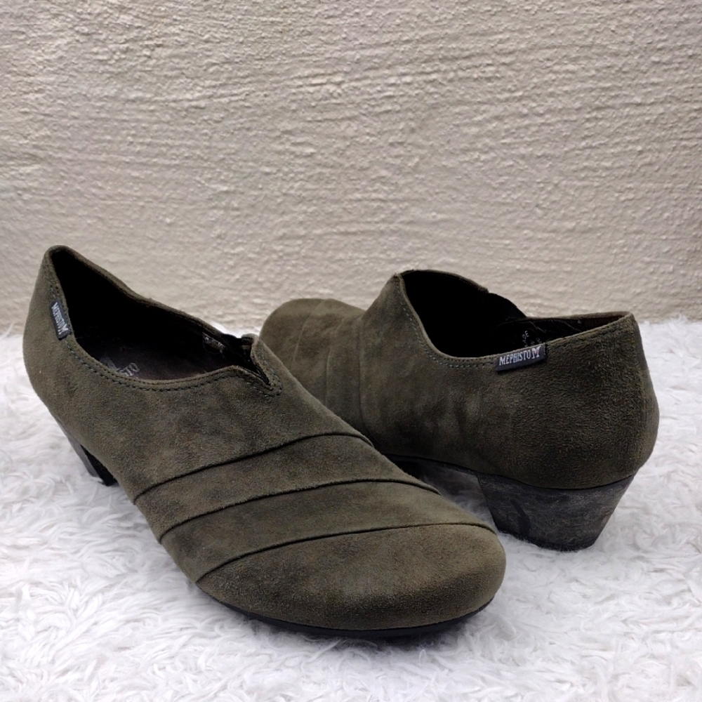 Mephisto Air-Jet Olive Suede Leather Round Toe Low Square Heel Slip On Loafer
